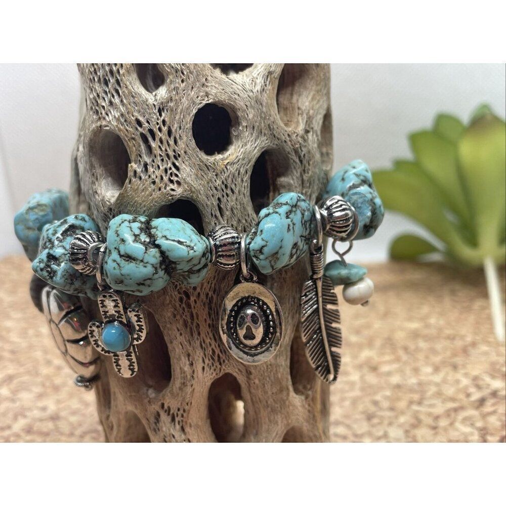 Turquoise Nugget Stretch Bracelet Feather Cactus Cow Western Bead Wood Flower - Picture 14 of 15